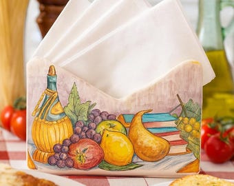 Vintage Hand-Painted Italian Ceramic Napkin Holder: Wine & Fruit Design