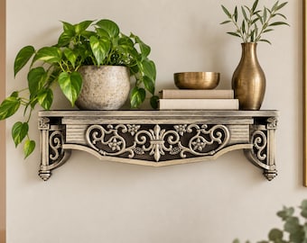 Vintage Syroco Wall Shelf, 22" Ornate Gold & Black Floating Decorative Shelf
