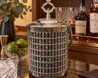 Vintage Silver Plated Ice Bucket with Faux Bamboo Sides & Ornate Finial