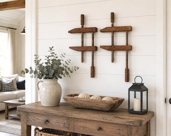 Vintage Wooden Hand‑Screw Clamps — Large Carpenter’s Vice - Farmhouse Wall Decor