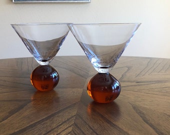 Pair of Martini Lo Ball Glasses with Heavy Red Ball Base, Martini Glasses Unique, Martini Glass Set, Vintage Cocktail Glasses, Bar Glasses