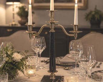 Vintage Brass & Black Marble 3-Arm Candelabra | Elegant Candle Holder Centerpiece