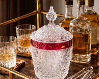 Vintage Indiana Glass Red Ruby Diamond Point Ice Bucket with Lid