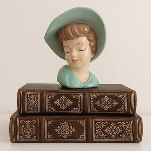 Vintage Lady Head Vase: Green Ceramic Indoor Planter