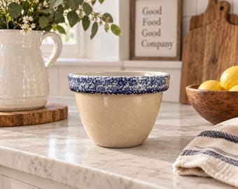 Vintage Mixing Bowl Pottery – Tan & Blue Spongeware Kitchen Bowl