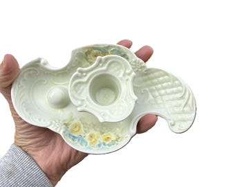 2 Vintage Ceramic Chamberstick Candle Holders – Ornate Cottage Pale Green Antique-Style Taper Candlestick Set