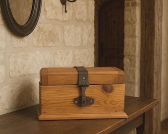 Treasure Chest, Rustic Wood Box with Iron Hinged Lid