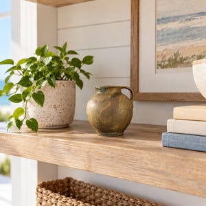 May include: A small, round, olive-green ceramic pitcher with a single handle sits on a wooden shelf next to a speckled white planter containing a green leafy plant and a stack of three books in shades of cream, white, and blue.