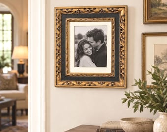 Large Vintage Gold & Black Ornate Picture Frame, 16x18, Hangs Vertically or Horizontally
