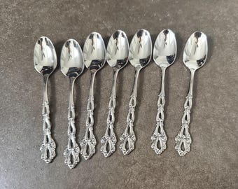 Vintage Oneida Chandelier Demitasse Spoons, Set of 7, Pierced Stainless Steel Espresso Spoons
