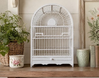 Vintage White Dome Top Wooden Birdcage | Cottage Farmhouse Display Cage