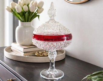 Large Vintage Apothecary Jar with Lid, Indiana Glass Diamond Point Red Ruby Flash Jar