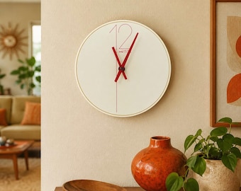Mid Century Modern Davir 9-Inch Wall Clock | Vintage Cream & Red Minimalist Clock