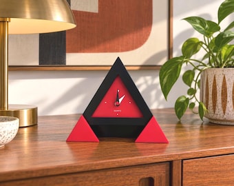 Vintage Triangle Desk Clock, Postmodern Red & Black Geometric Quartz Clock