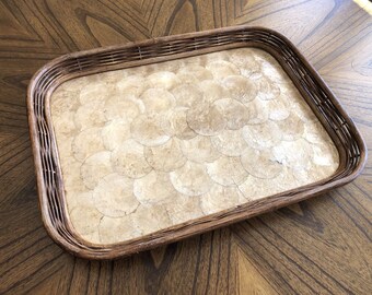 Vintage Capiz Shell Bamboo Serving Tray, Tray for Coffee Table Ottoman