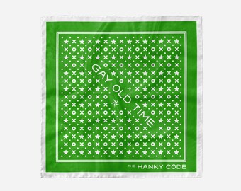 May include: Green bandana with a white pattern of stars and circles. The text "GAY OLD TIME" is printed in white on the bandana. The text "THE HANKY CODE" is printed in white at the bottom of the bandana.
