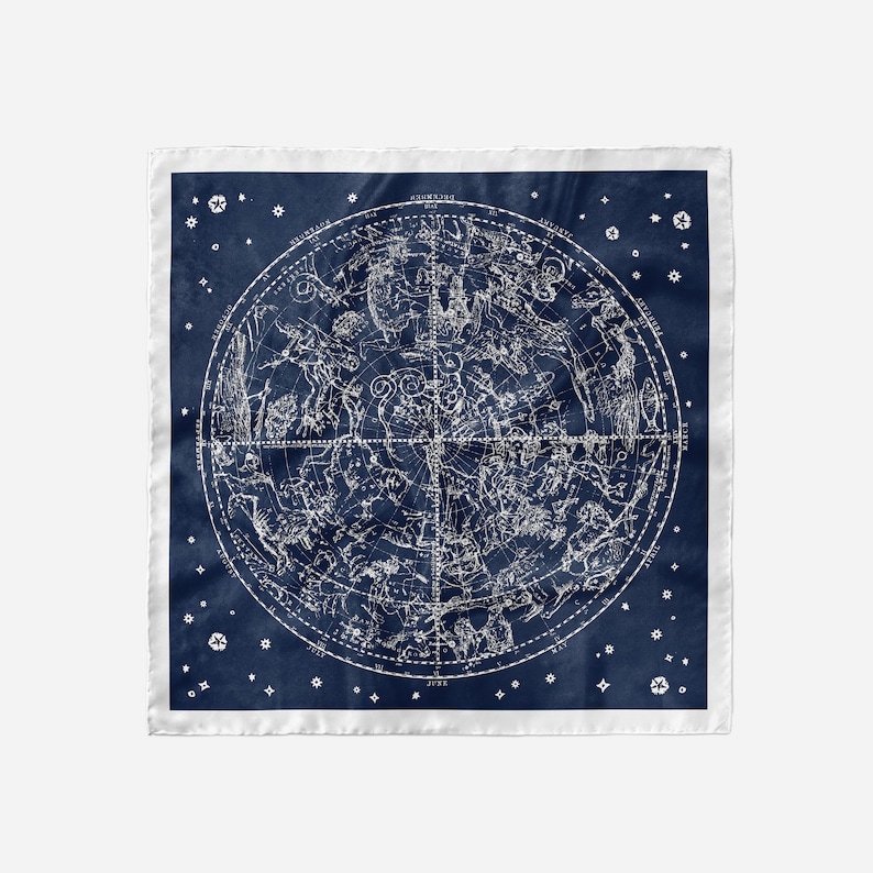 May include: A navy blue square bandana with a white constellation map printed on it. The map shows the constellations of the Northern Hemisphere. The bandana has a white border.