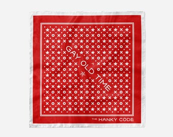 May include: Red bandana with a white pattern of stars, circles, and crosses. The text "GAY OLD TIME" is printed in white in the center of the bandana. The text "THE HANKY CODE" is printed in white at the bottom of the bandana.