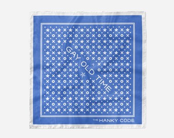 May include: A blue bandana with a white pattern of stars and circles. The text "GAY OLD TIME" is printed in white on the bandana. The text "THE HANKY CODE" is printed in white at the bottom of the bandana.