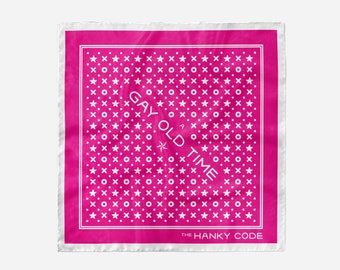 May include: A pink bandana with a white pattern of stars, circles, and Xs. The text "GAY OLD TIME" is printed in white in the center of the bandana. The text "THE HANKY CODE" is printed in white at the bottom of the bandana.