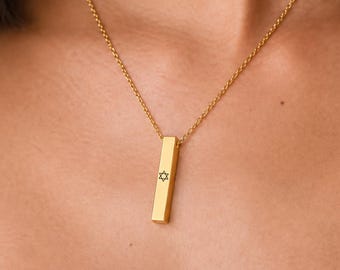 Star of David Necklace, Magen David Bar Pendant, Engraved Jewish Jewelry, Personalized Judaica Gift