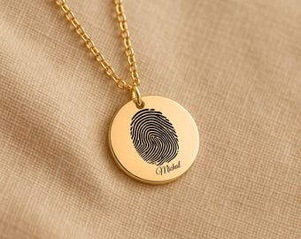 Fingerprint Necklace, Personalized Name Pendant, Custom Engraved Jewelry, Memorial Gift for Her