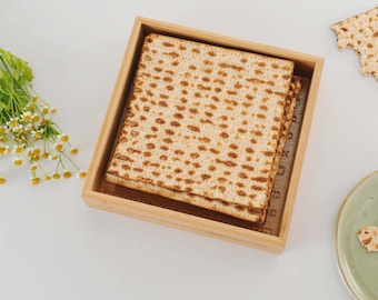 Modern Bamboo Matzah Box | Passover Seder, Hebrew Inscription