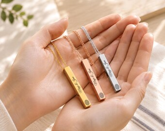 Personalized Bar Necklace, Name Engraving with Fingerprint Design, Custom Gift for Her