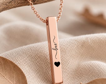 Love Bar Necklace, Heart Pendant Jewelry, Two-Sided Engraved Necklace, Romantic Gift