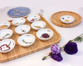 Rosh Hashanah Seder Plate – Symbolic Bowls & Bamboo Tray, Jewish New Year