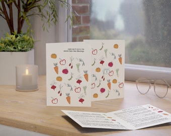 Hand-Illustrated Rosh Hashanah Brachot Pamphlet – Hebrew & English, Jewish New Year Seder Table (Printed Card)