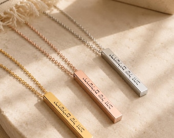 Gold Jerusalem Necklace, Hebrew Engraved Bar Pendant, Two-Sided Personalized Jewish Jewelry Gift