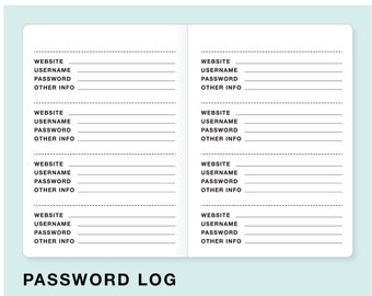 PASSWORD LOG Traveler's Notebook Insert  - Choose from 23 colors and 8 sizes
