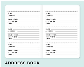 ADDRESS BOOK Insert to fit Midori Traveler's Notebook - Choose from 23 colors and 8 sizes