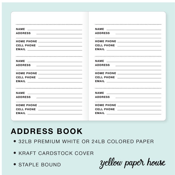 ADDRESS BOOK Insert to fit Midori Traveler's Notebook - Choose from 23 colors and 8 sizes