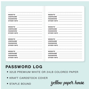 PASSWORD LOG Traveler's Notebook Insert  - Choose from 23 colors and 8 sizes