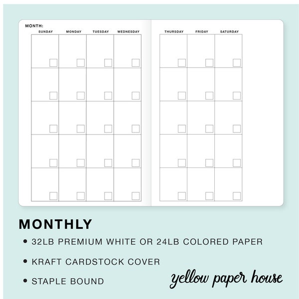 MONTHLY Traveler's Notebook Insert - Choose from 23 colors, 8 sizes and Sunday or Monday Start