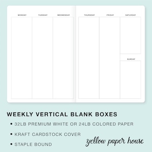 WEEKLY VERTICAL BLANK Boxes Traveler&#39;s Notebook Insert  - Choose from 23 colors and 8 sizes