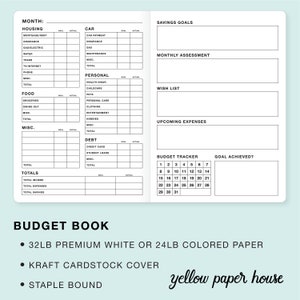 May include: A black and white budget book with a monthly budget tracker, savings goals, wish list, and upcoming expenses sections. The book is titled "Budget Book" and features the text "32LB Premium White or 24LB Coloured Paper", "Kraft Cardstock Cover", and "Staple Bound".