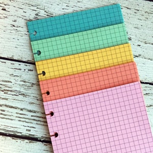 Puede incluir: Cinco recambios de papel cuadriculado de diferentes colores para una agenda de anillas. Los colores son turquesa, verde, amarillo, naranja y rosa.