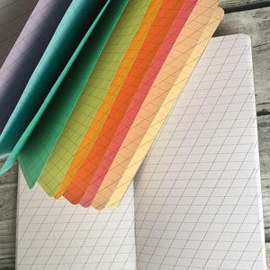 Puede incluir: Un cuaderno abierto con un patr&oacute;n de cuadr&iacute;cula en las p&aacute;ginas. El cuaderno est&aacute; abierto sobre una superficie de madera. Una pila de separadores de papel de colores se abre en abanico detr&aacute;s del cuaderno.