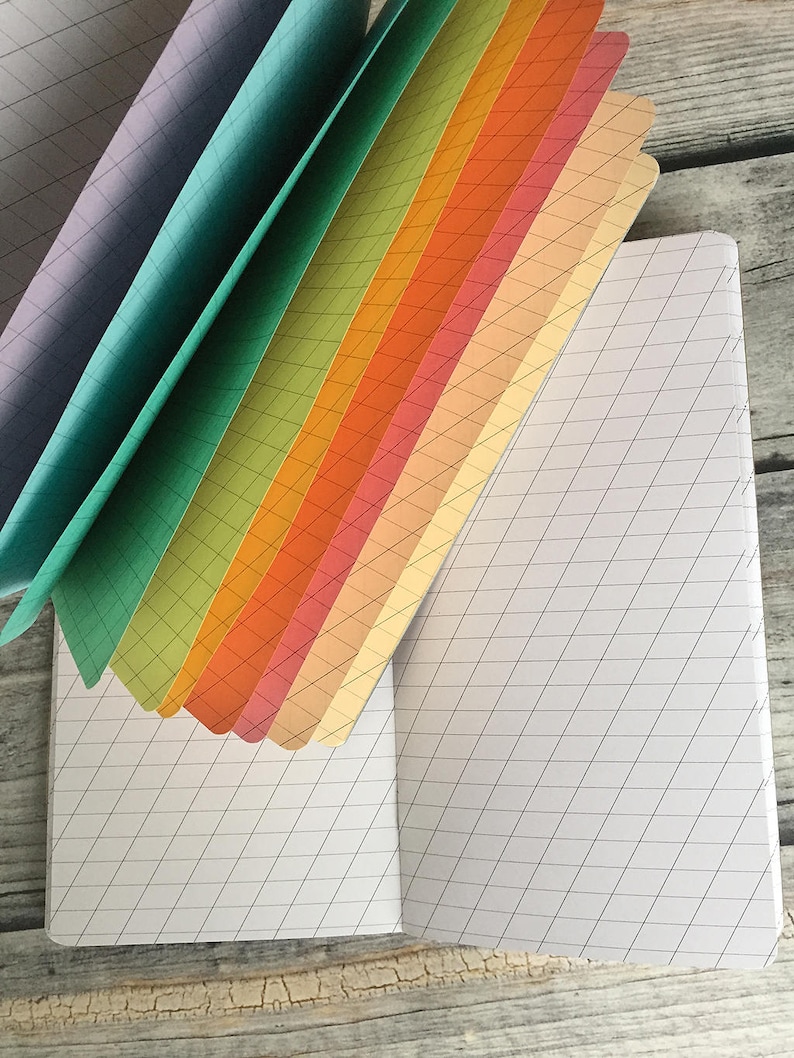 Puede incluir: Un cuaderno abierto con un patr&oacute;n de cuadr&iacute;cula en las p&aacute;ginas. El cuaderno est&aacute; abierto sobre una superficie de madera. Una pila de separadores de papel de colores se abre en abanico detr&aacute;s del cuaderno.