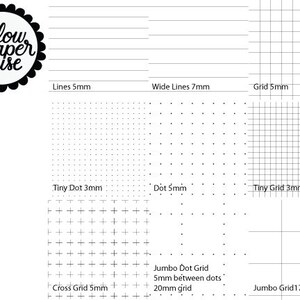 May include: A black and white image showing different types of paper with various grid patterns. The paper types include blank, lines, wide lines, grid, tiny dot, dot, tiny grid, cross grid, jumbo dot grid, and jumbo grid. The image also includes the text "yellow paper house".