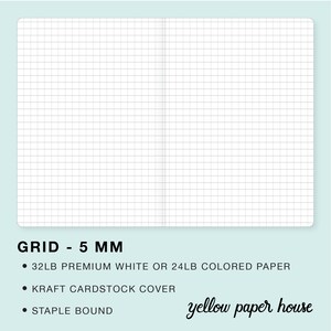 May include: A 5 mm grid notebook with a kraft cardstock cover. The notebook is staple bound and has 32 lb premium white or 24 lb colored paper. The text "yellow paper house" is printed on the cover.