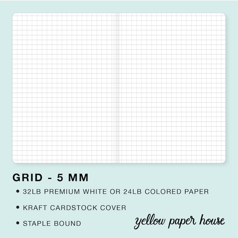 May include: A 5 mm grid notebook with a kraft cardstock cover. The notebook is staple bound and has 32 lb premium white or 24 lb colored paper. The text "yellow paper house" is printed on the cover.