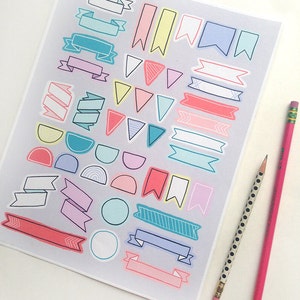 May include: A sheet of colorful printable stickers featuring various shapes and designs, including banners, flags, circles, and semi-circles. The stickers are perfect for adding a touch of whimsy to planners, journals, and other paper crafts.