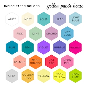 May include: A chart of paper colors in a honeycomb pattern. The colors are labeled with names like white, ivory, aqua, lilac, light blue, pink, mint, orchid, sky blue, blue, teal, violet, purple, fuchsia, salmon, neon orange, hot red, neon pink, grey, golden-rod, yellow, neon yellow, and neon lime.