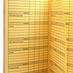 May include: A yellow food journal with a grid for tracking calories, carbs, fat, and protein. The journal is divided into sections for breakfast, mid-morning snack, lunch, mid-afternoon snack, dinner, and evening snack. The journal also includes a section for daily totals.