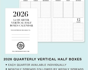 Calendário de viagem trimestral datado verticalmente em formato de meia caixa/mensal para caderno de viagem, ano 2026.