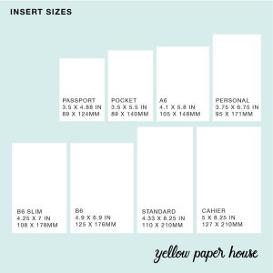 Puede incluir: Un diagrama que muestra las dimensiones de varios tama&ntilde;os de papel: Passport (89 x 124mm), Pocket (89 x 140mm), A6 (105 x 148mm), Personal (95 x 171mm), B6 Slim (108 x 178mm), B6 (125 x 176mm), Standard (110 x 210mm) y Cahier (127 x 210mm). El t&iacute;tulo "INSERT SIZES" est&aacute; en la parte superior.